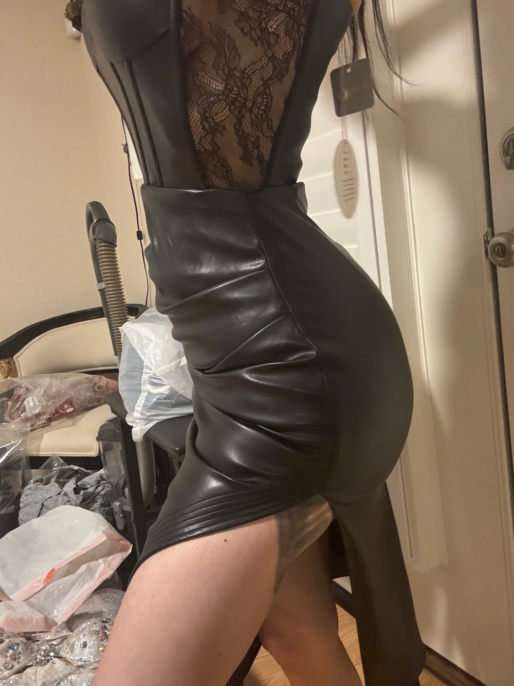 Sleek Faux Leather Corset Midi Dress in Black S